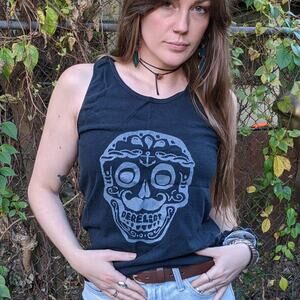 Vintage Y2K Distressed Band Tee Graphic Print Tattoo Graffiti Skulls Tank Top